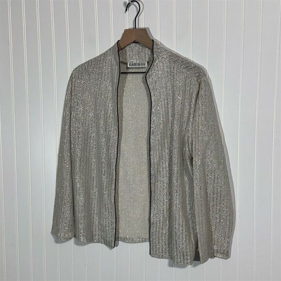 Caribou Jackets & Blazers - Vintage Caribou‎ Shimmer Cardigan Size 18 | Silver Metallic Ribbed Disco Jacket